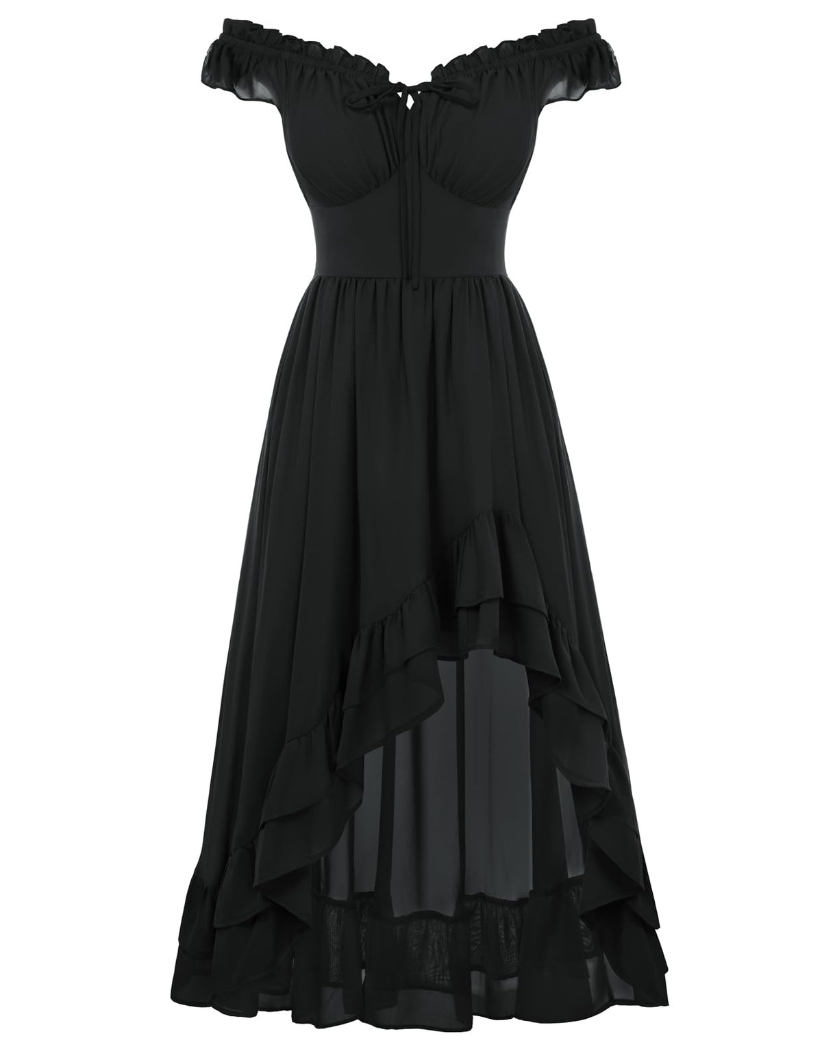 Women's Renaissance Corset Dress - Off-Shoulder Chiffon Sundress, Black