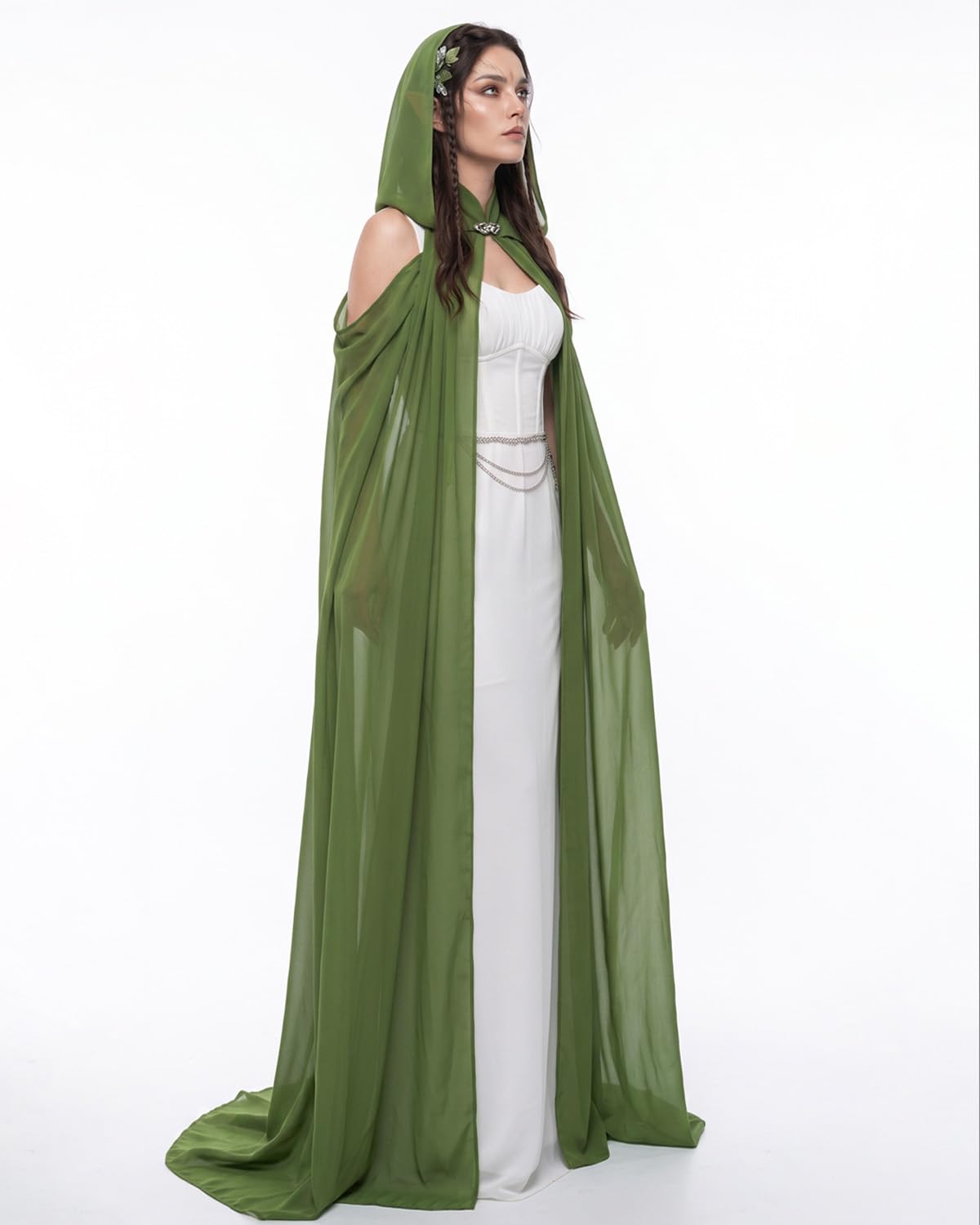 Women's Sheer Fairy Hooded Cloak - Elven Chiffon Cape, Forest Green