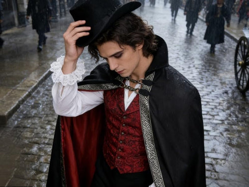 Gothic Vampire Cape with Stand-Up Collar - Black & Red Medieval Cloak