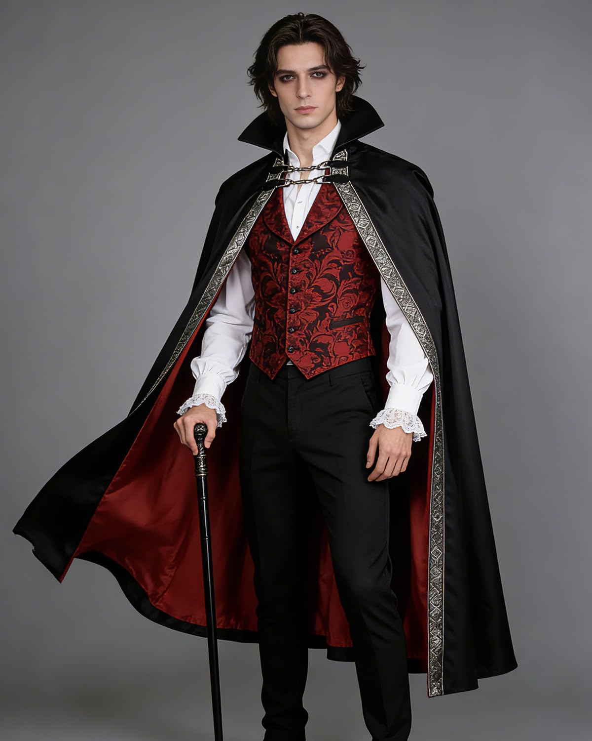Gothic Vampire Cape with Stand-Up Collar - Black & Red Medieval Cloak