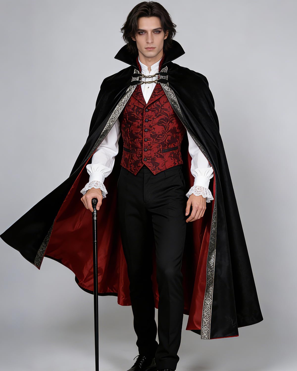 Gothic Vampire Cape with Stand-Up Collar - Black & Red Medieval Cloak