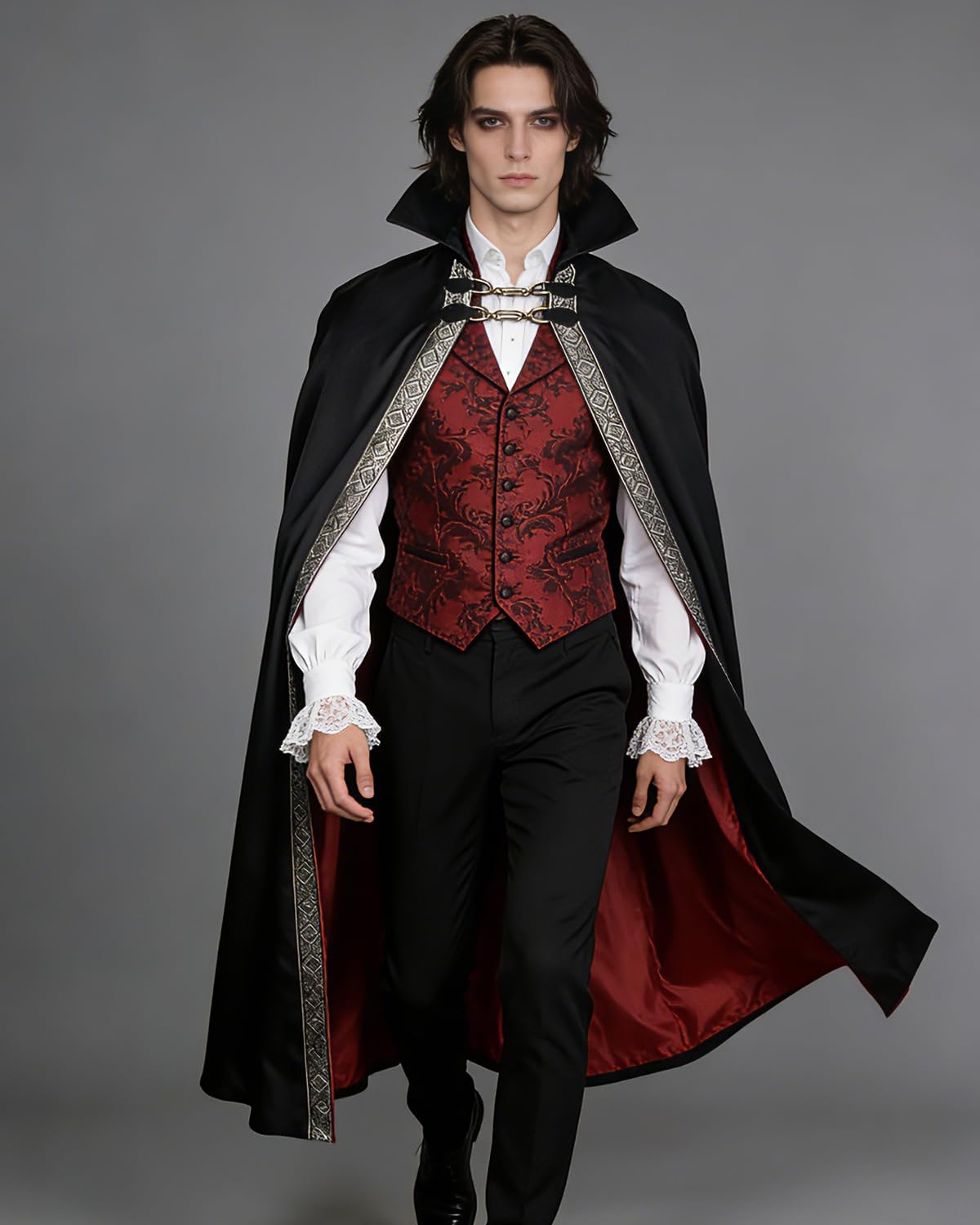 Gothic Vampire Cape with Stand-Up Collar - Black & Red Medieval Cloak