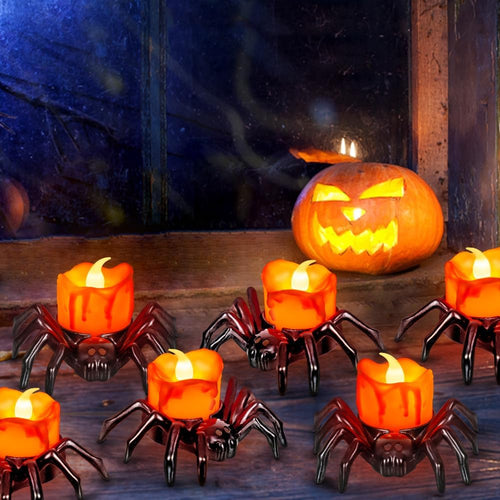 Halloween Flameless Spider Tea Light Candles lit display