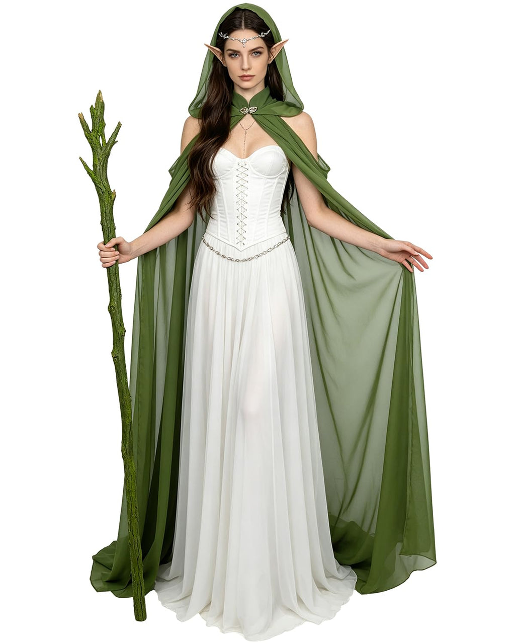 Women's Sheer Fairy Hooded Cloak - Elven Chiffon Cape, Forest Green