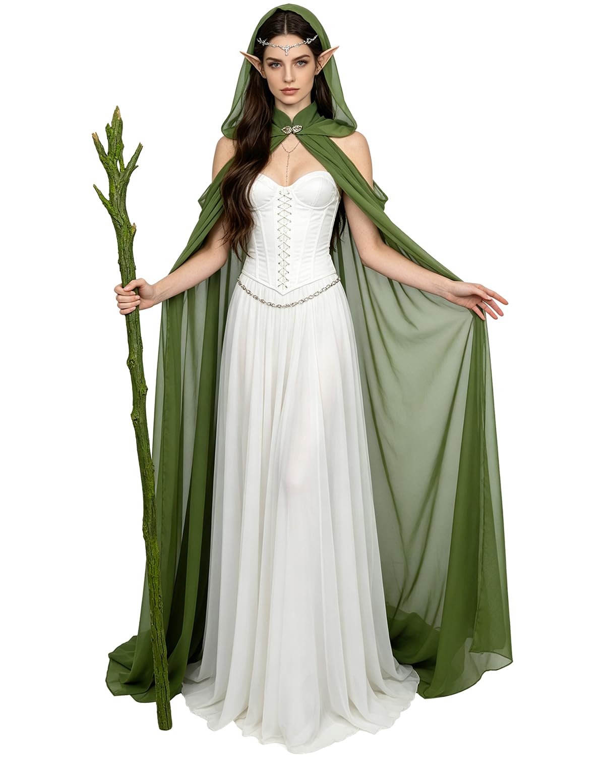 Women's Sheer Fairy Hooded Cloak - Elven Chiffon Cape, Forest Green