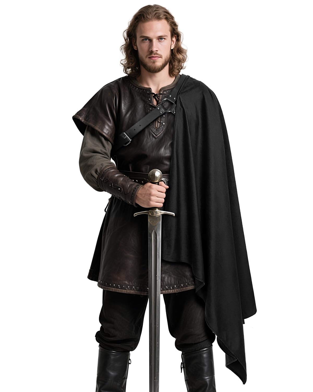 Medieval Knight Cloak with Belt - Half Shoulder Cape, Black