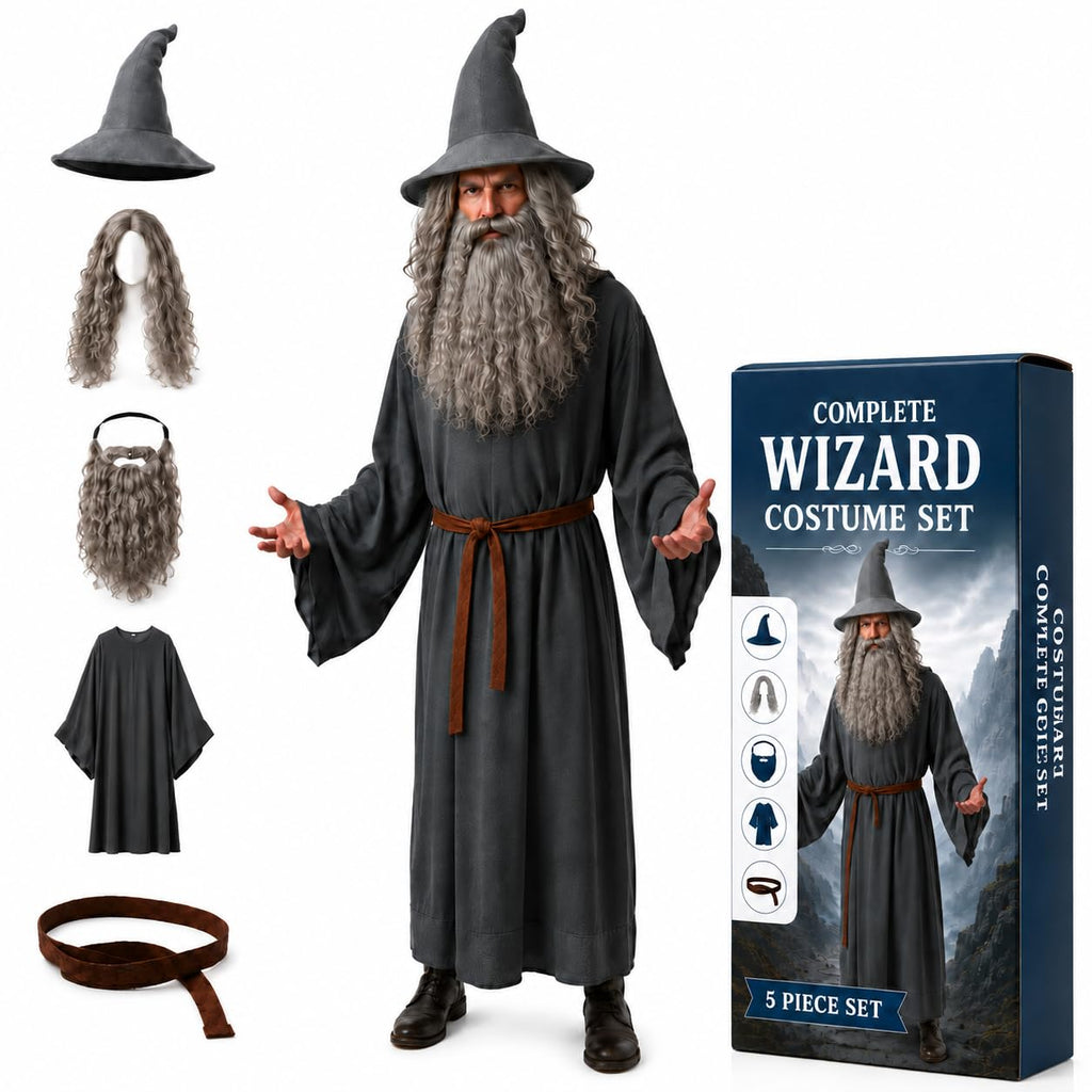 Men's Wizard Costume Set - Robe, Hat, Wig, Beard & Belt