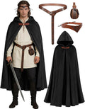Black Renaissance hooded cloak costume set with belt, pouch and bracers