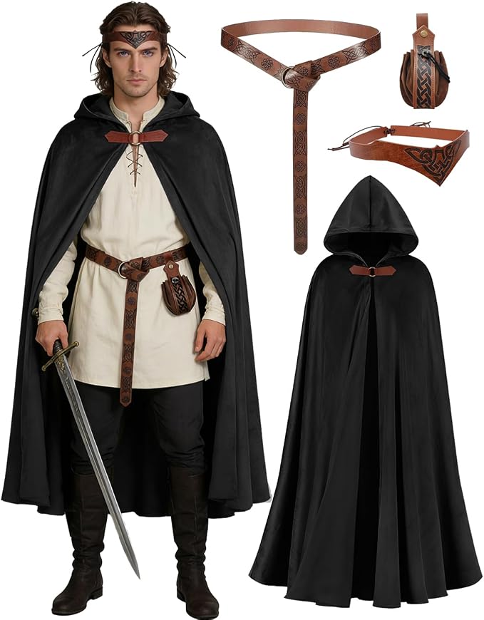 Black Renaissance hooded cloak costume set with belt, pouch and bracers