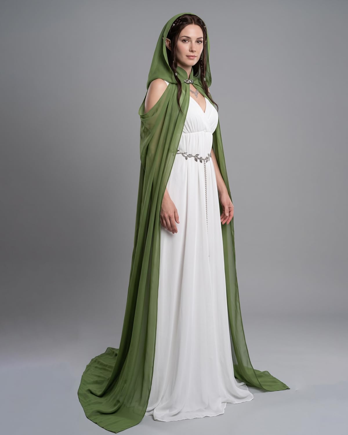 Women's Sheer Fairy Hooded Cloak - Elven Chiffon Cape, Forest Green
