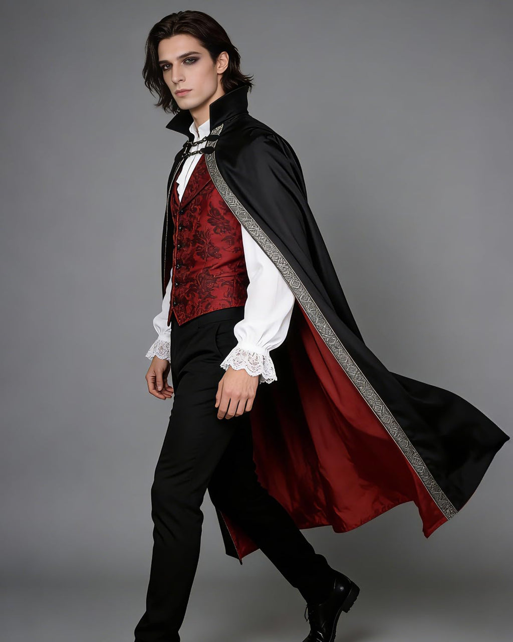 Gothic Vampire Cape with Stand-Up Collar - Black & Red Medieval Cloak