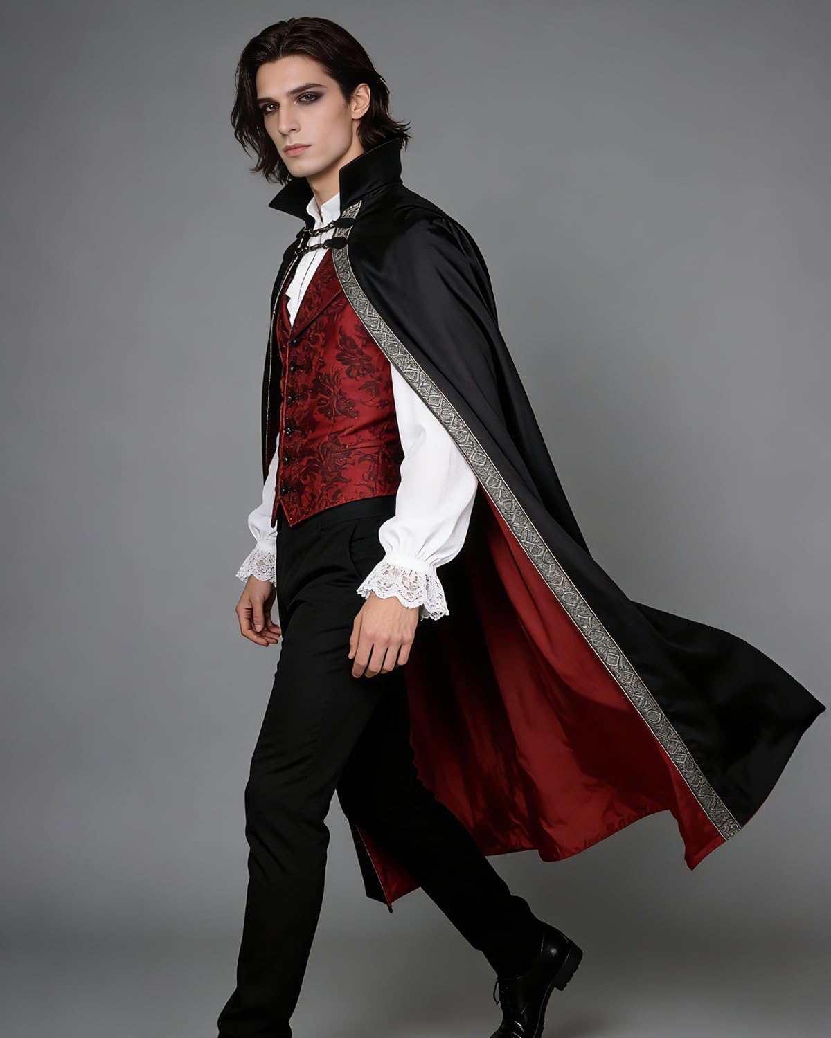 Gothic Vampire Cape with Stand-Up Collar - Black & Red Medieval Cloak