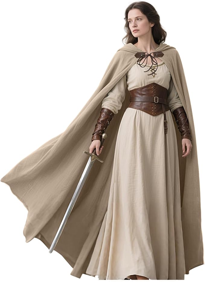 Medieval hooded linen cloak in Khaki