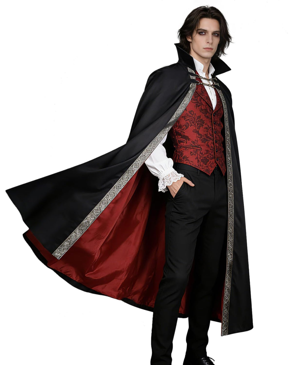 Gothic Vampire Cape with Stand-Up Collar - Black & Red Medieval Cloak
