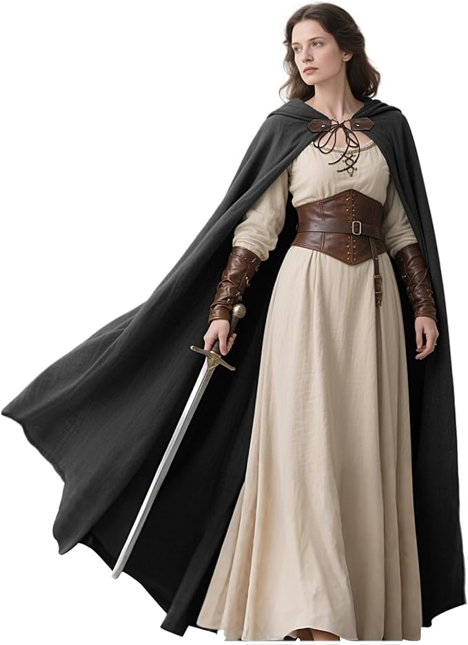 Medieval hooded linen cloak in Black