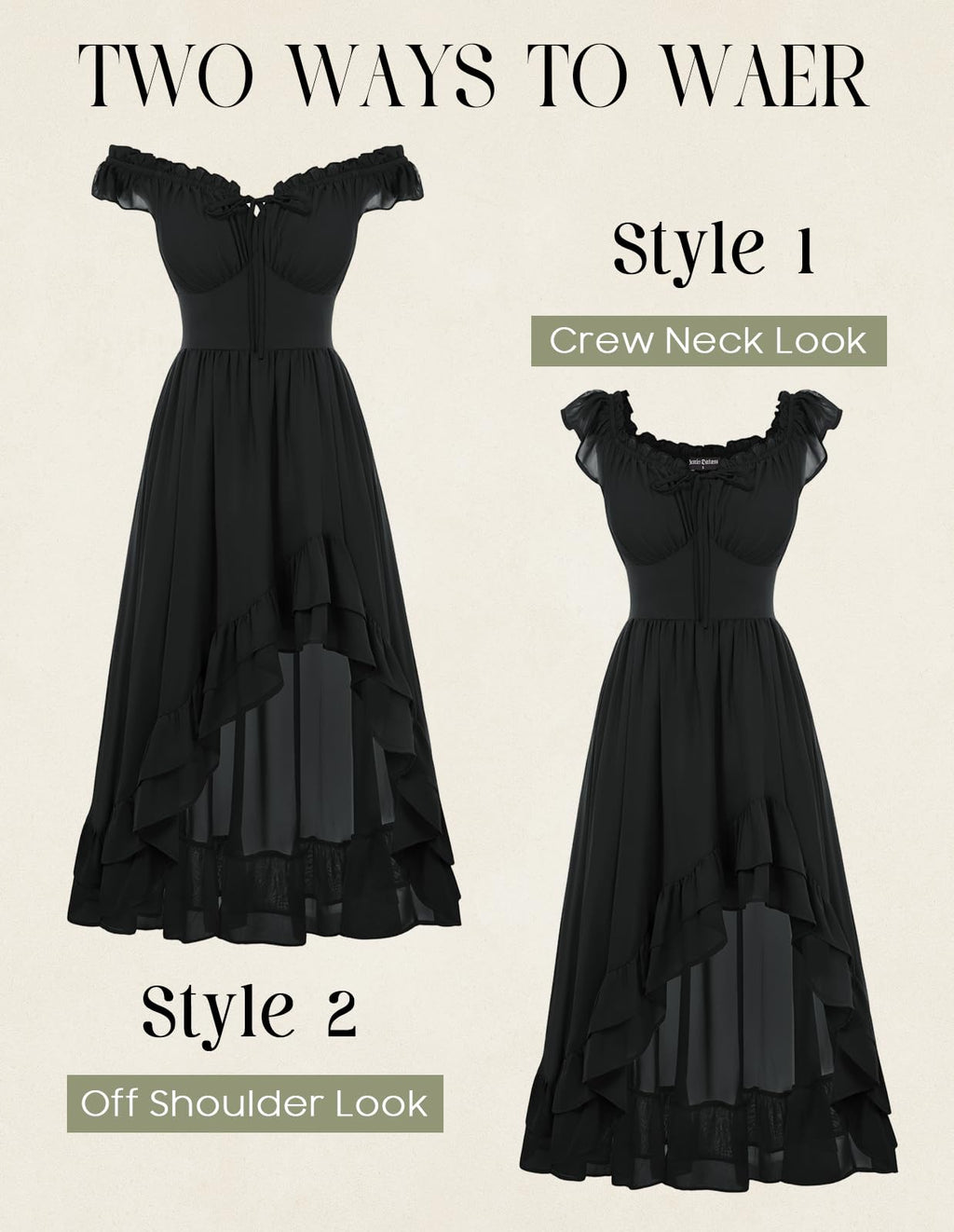 Women's Renaissance Corset Dress - Off-Shoulder Chiffon Sundress, Black