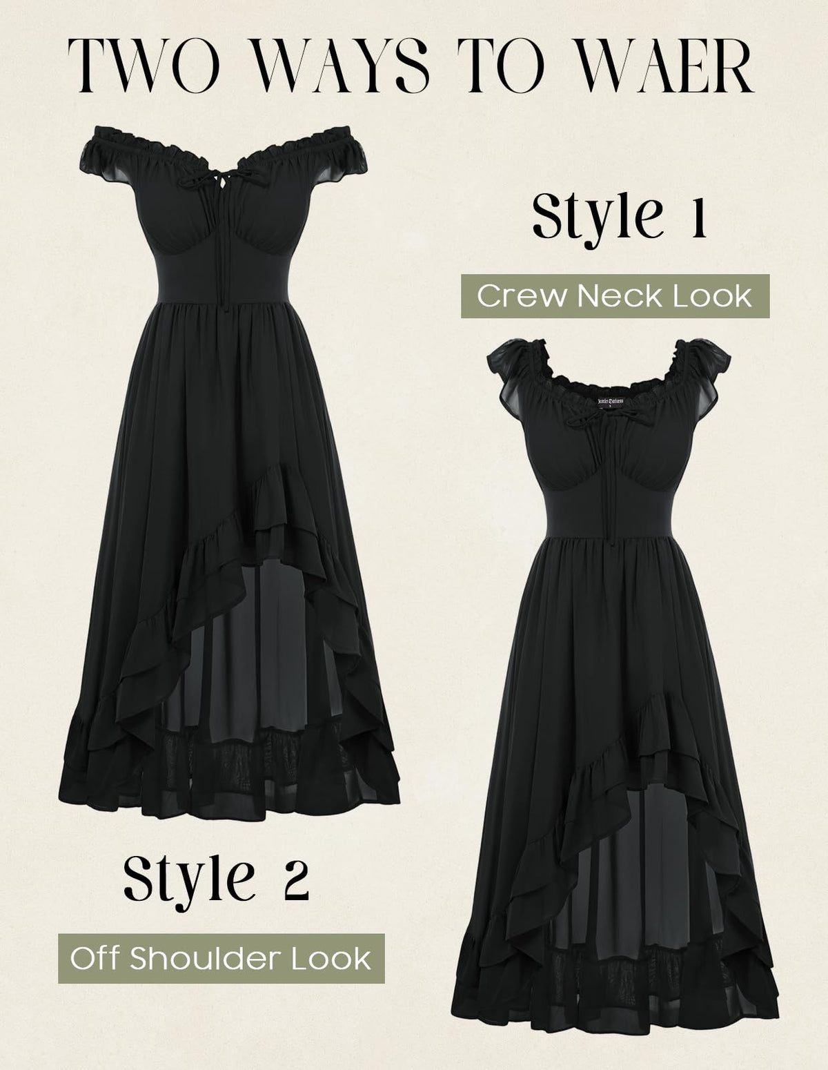 Women's Renaissance Corset Dress - Off-Shoulder Chiffon Sundress, Black