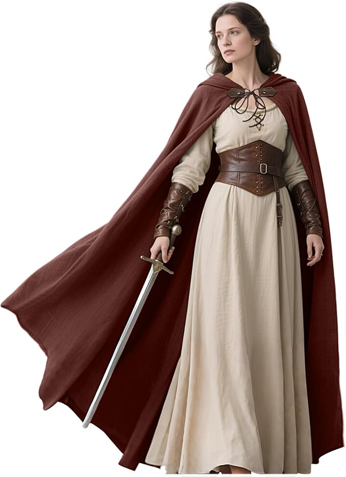 Medieval hooded linen cloak in Coffee