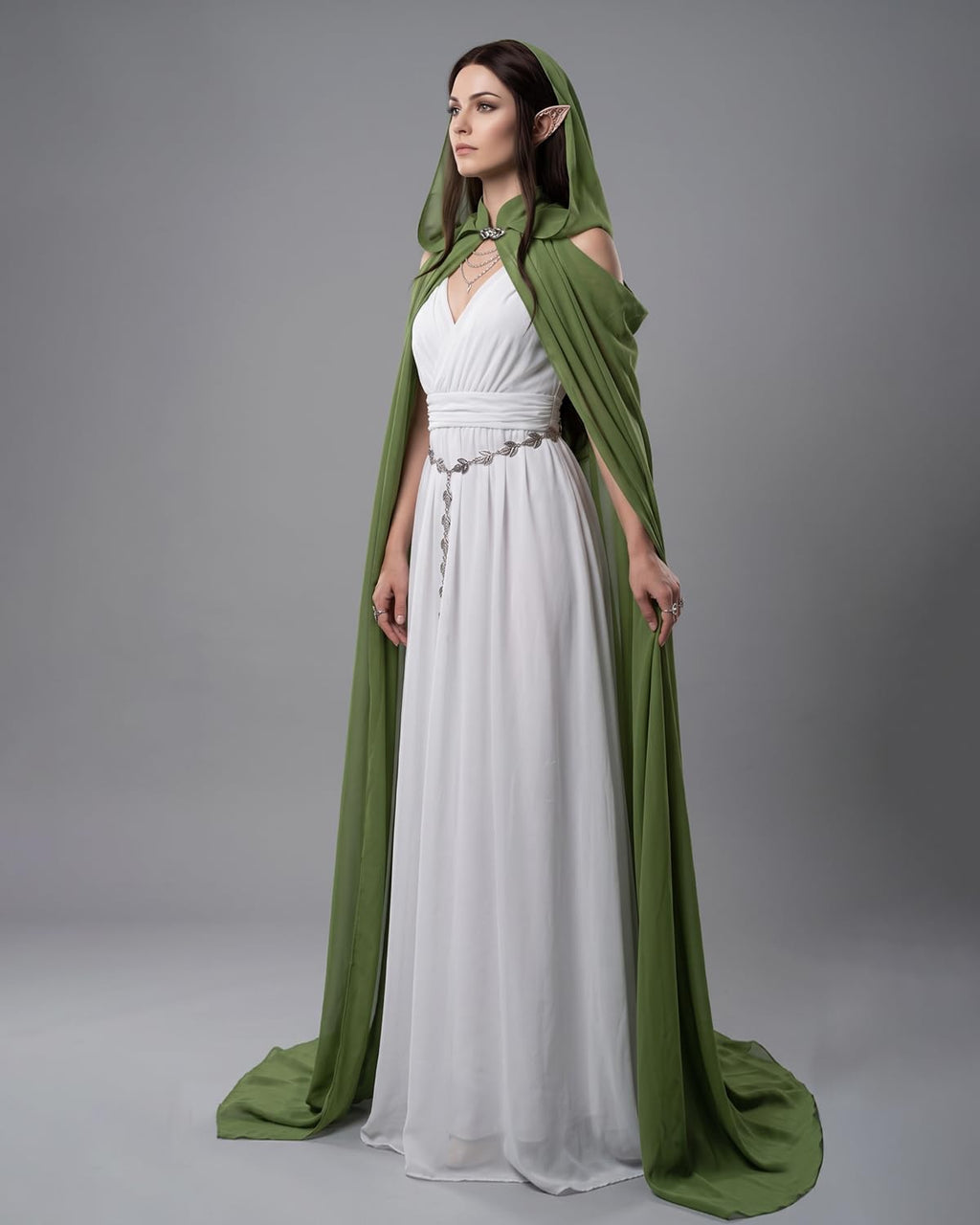 Women's Sheer Fairy Hooded Cloak - Elven Chiffon Cape, Forest Green