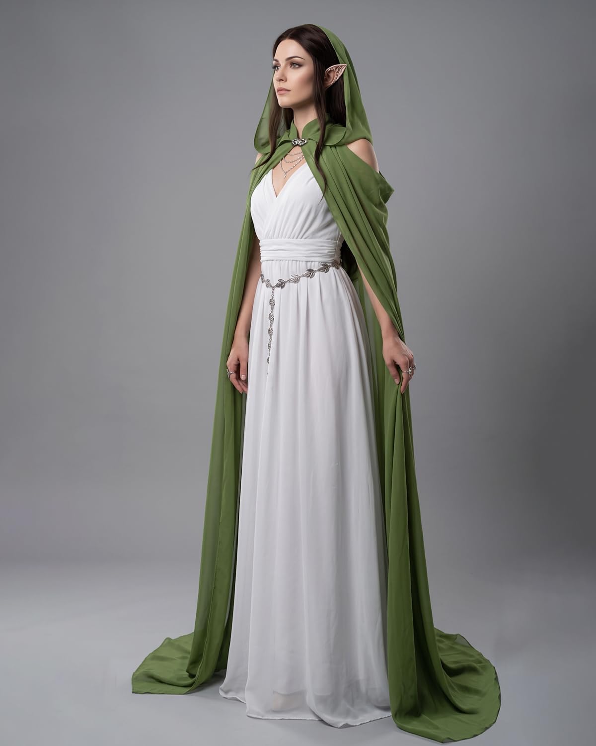 Women's Sheer Fairy Hooded Cloak - Elven Chiffon Cape, Forest Green