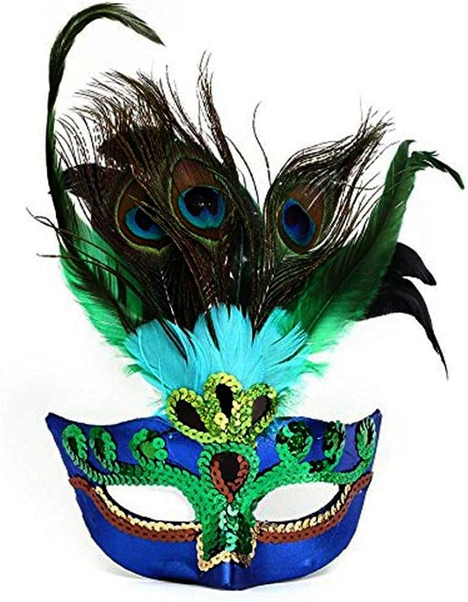 Peacock feather masquerade mask product photo, blue and green sequin design