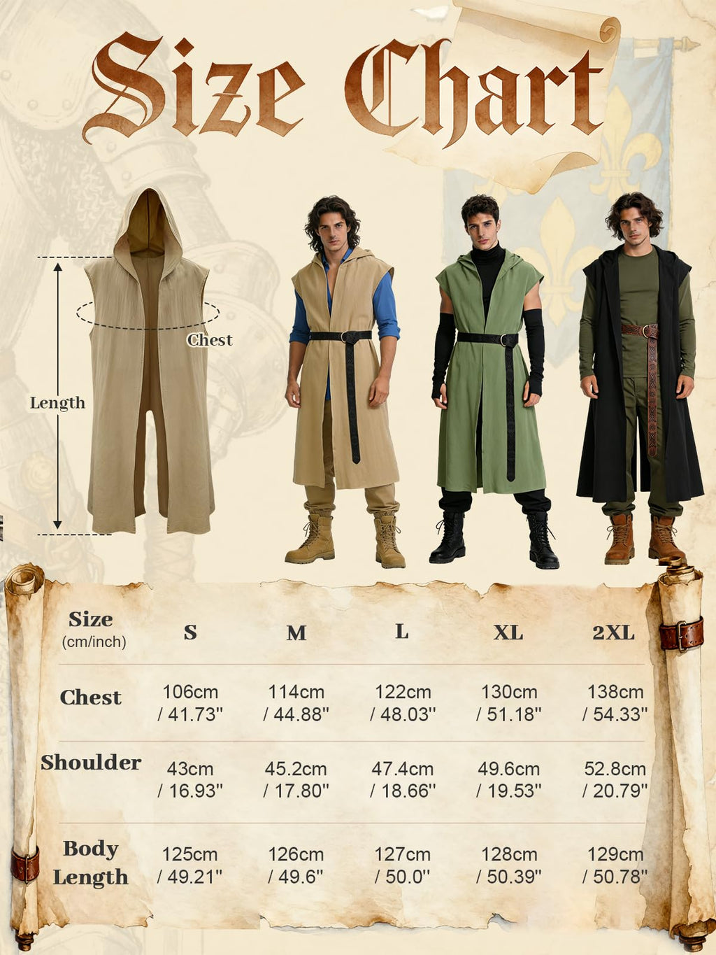 Men's Renaissance Costume Set - Hooded Surcoat, Belt & Bracers