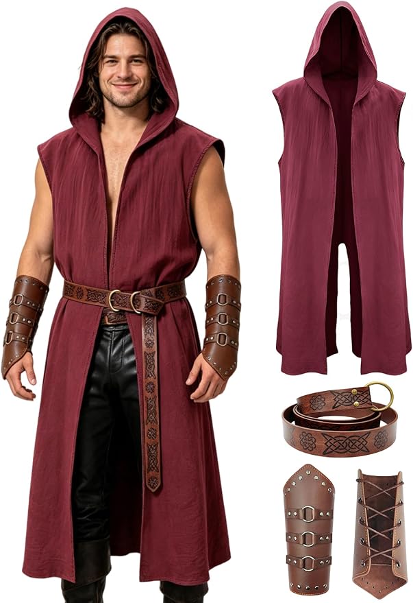 Men's Renaissance Costume Set - Hooded Surcoat, Belt & Bracers