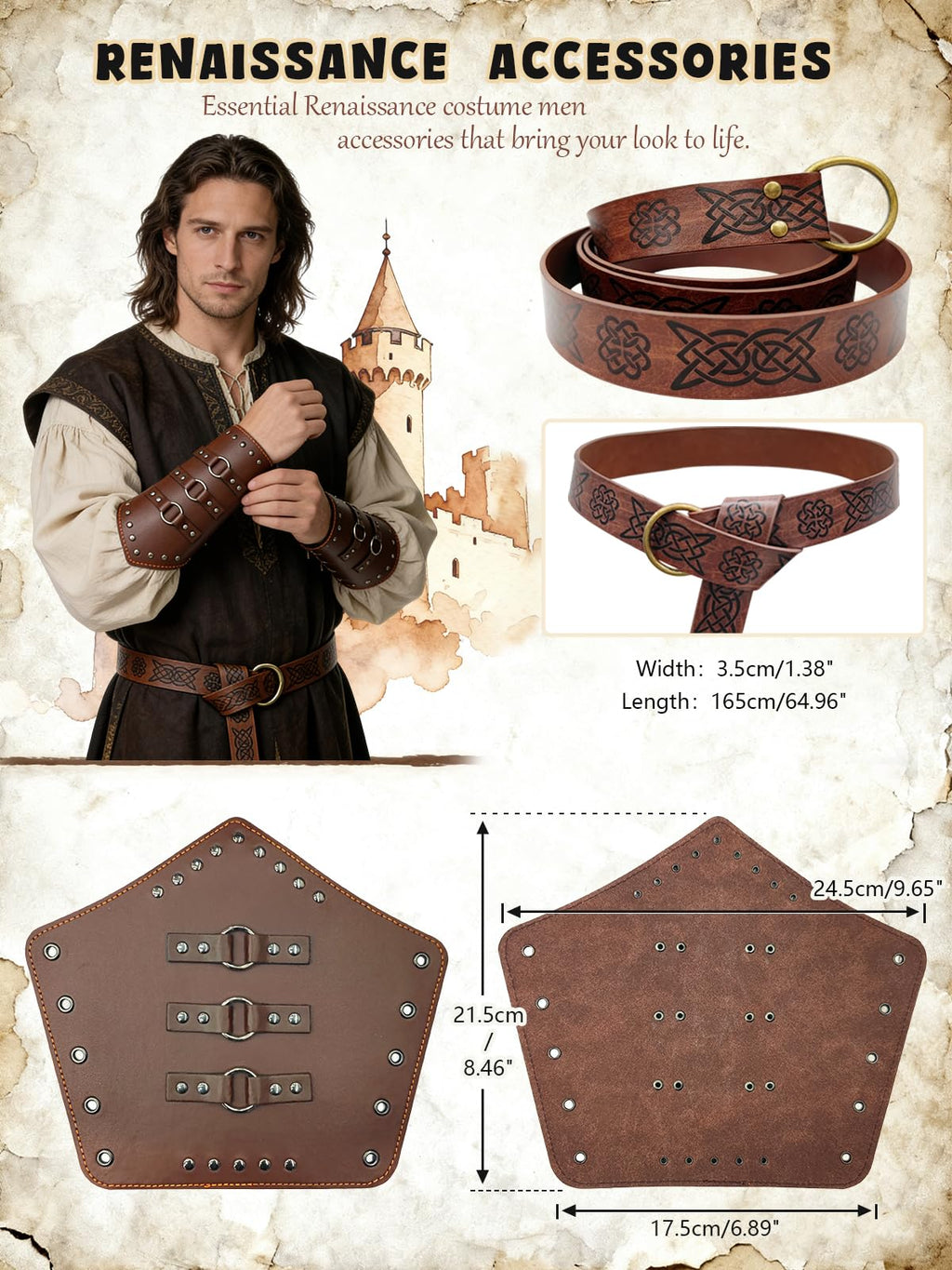 Men's Renaissance Costume Set - Hooded Surcoat, Belt & Bracers