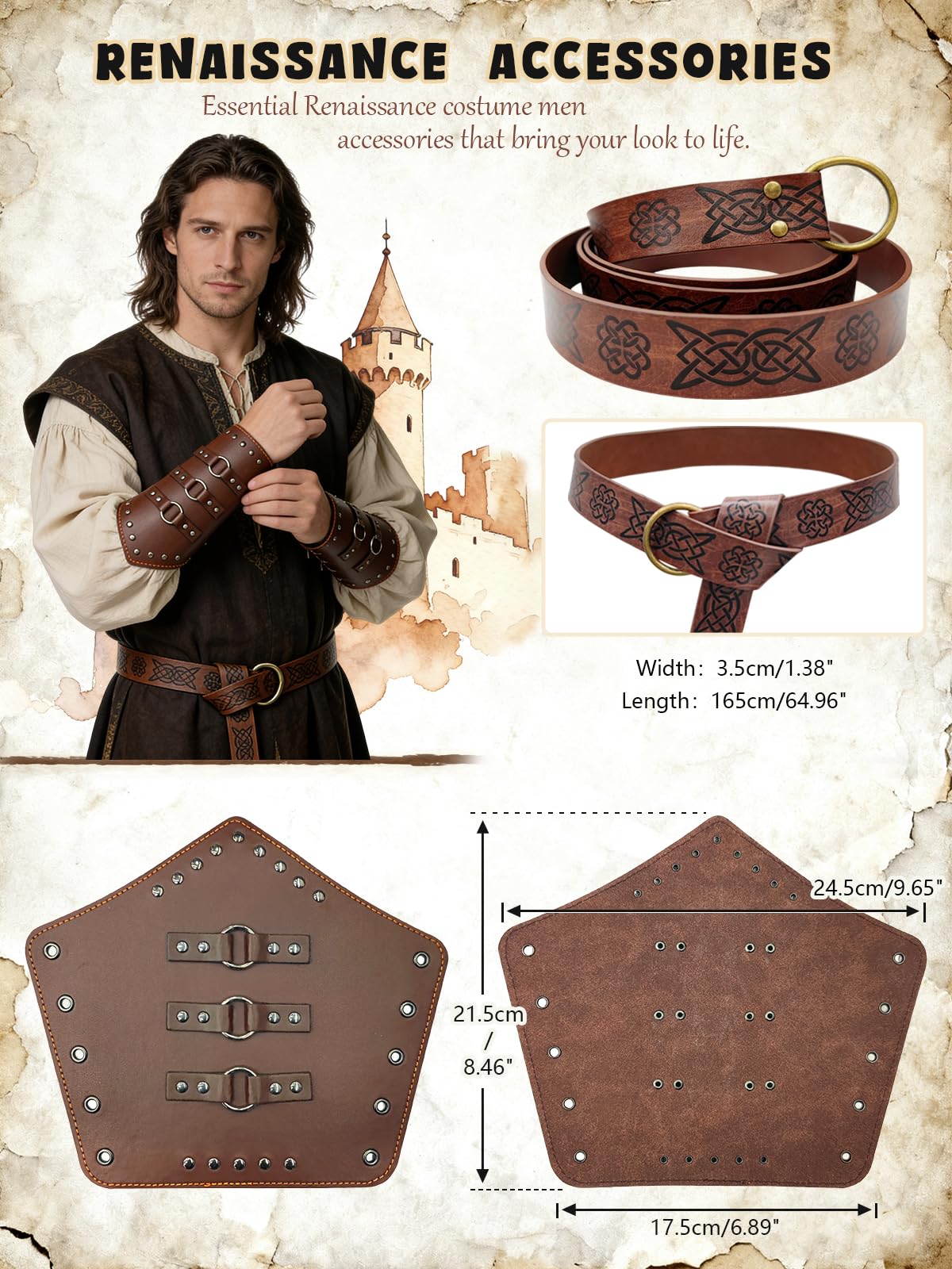 Men's Renaissance Costume Set - Hooded Surcoat, Belt & Bracers