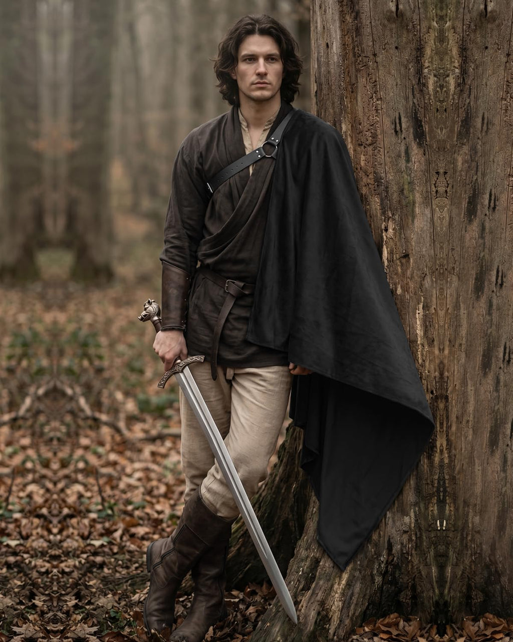 Medieval Knight Cloak with Belt - Half Shoulder Cape, Black