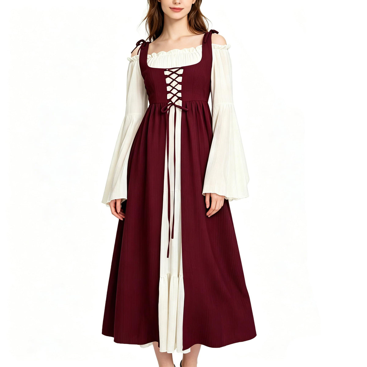 Women's Renaissance Fairy Dress with Bell Sleeves, Red