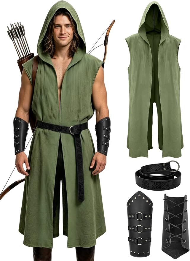 Men's Renaissance Costume Set - Hooded Surcoat, Belt & Bracers