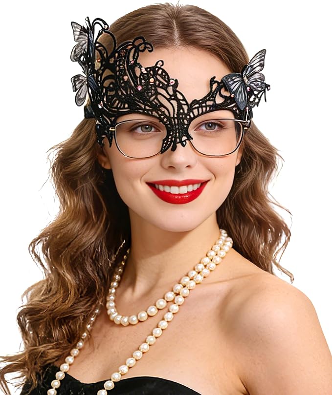 Black lace butterfly masquerade mask worn, front view
