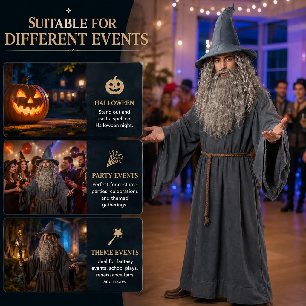 Men's Wizard Costume Set - Robe, Hat, Wig, Beard & Belt