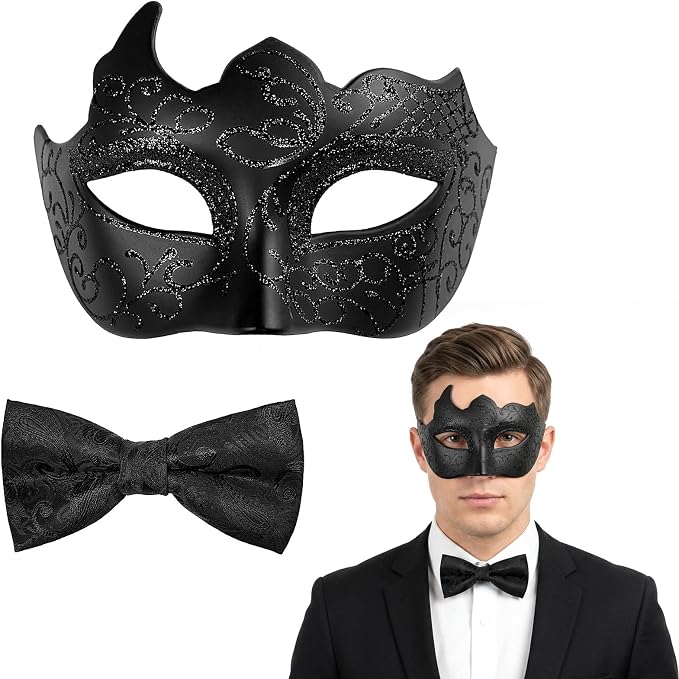 Black masquerade mask and bow tie set, flat lay and worn