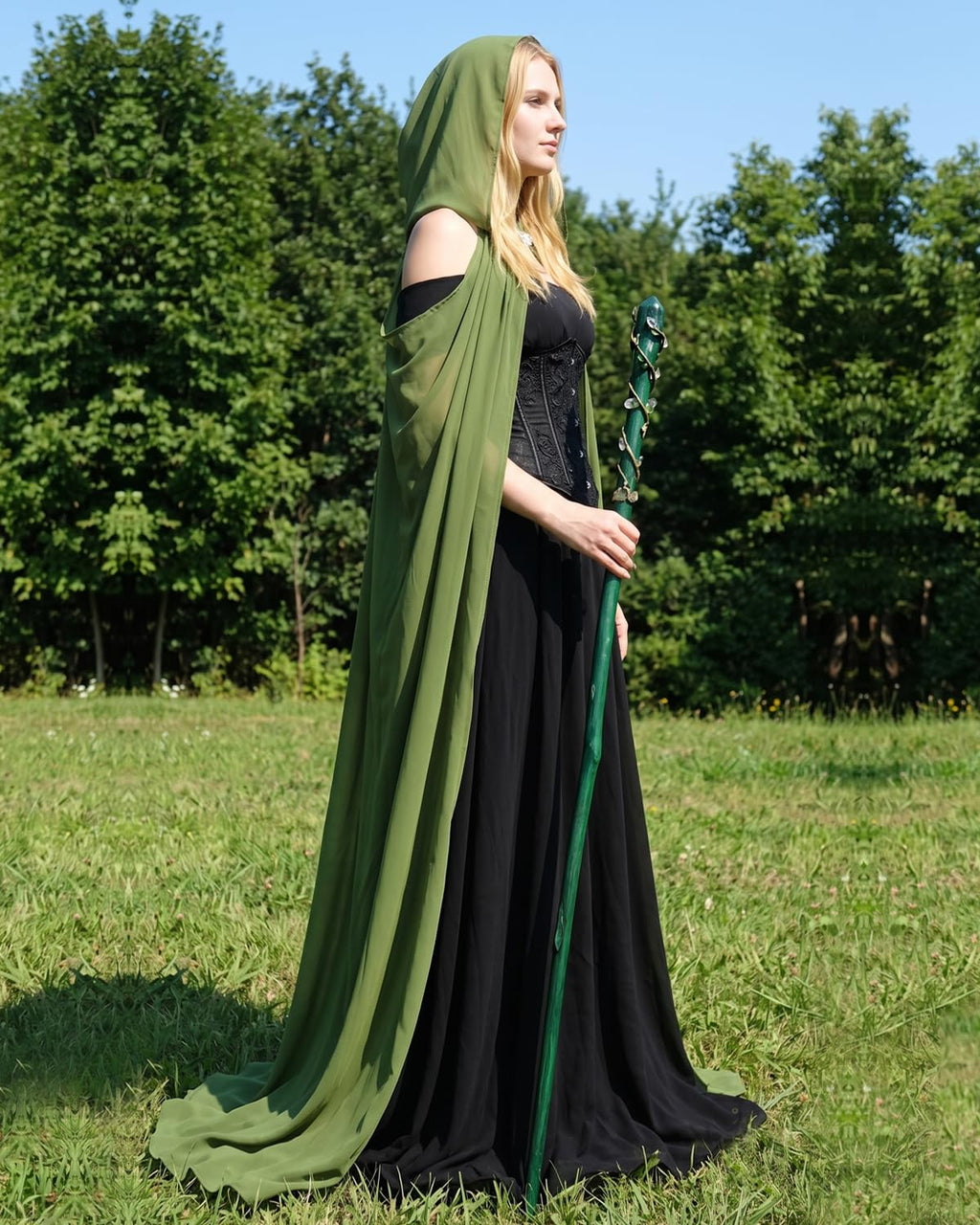 Women's Sheer Fairy Hooded Cloak - Elven Chiffon Cape, Forest Green
