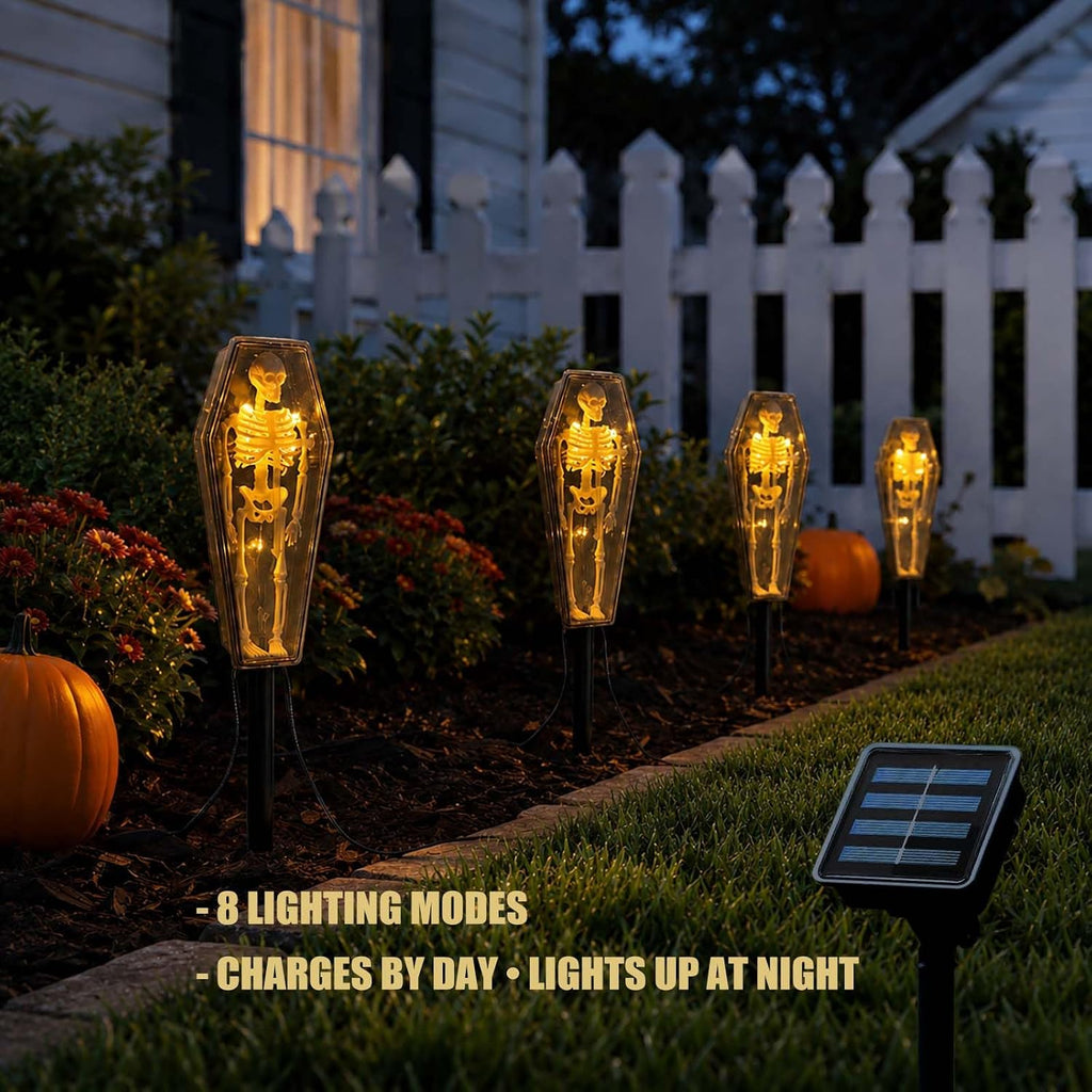 Skeleton coffin lights on porch display