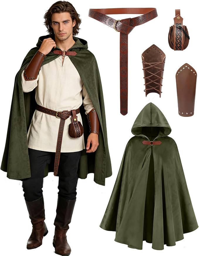 Green Renaissance hooded cloak costume set with belt, pouch and bracers