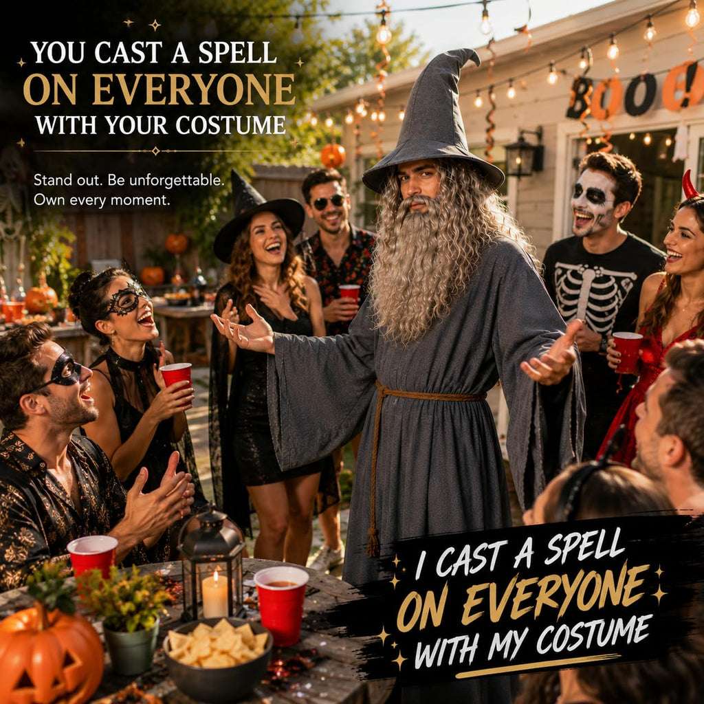 Men's Wizard Costume Set - Robe, Hat, Wig, Beard & Belt