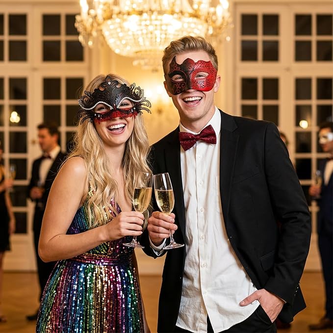 Couple wearing masquerade masks at party