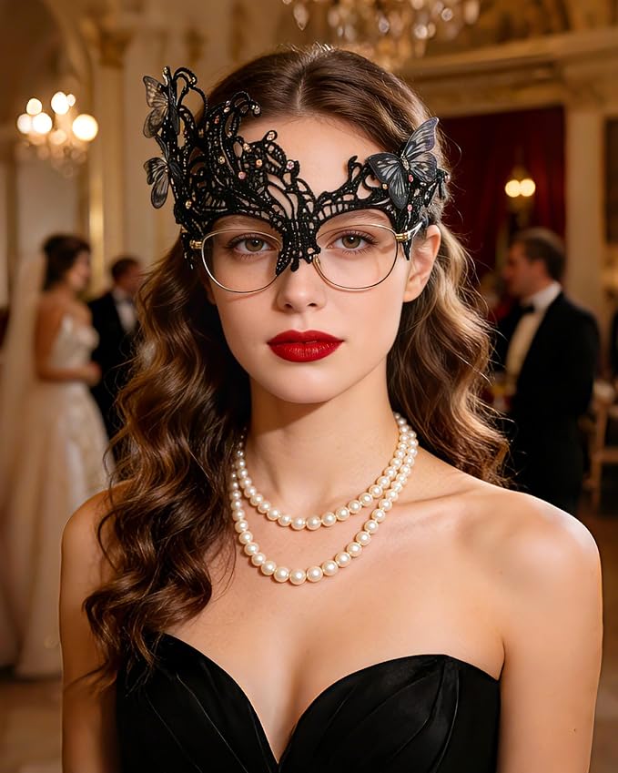 Black lace butterfly masquerade mask worn at masquerade ball
