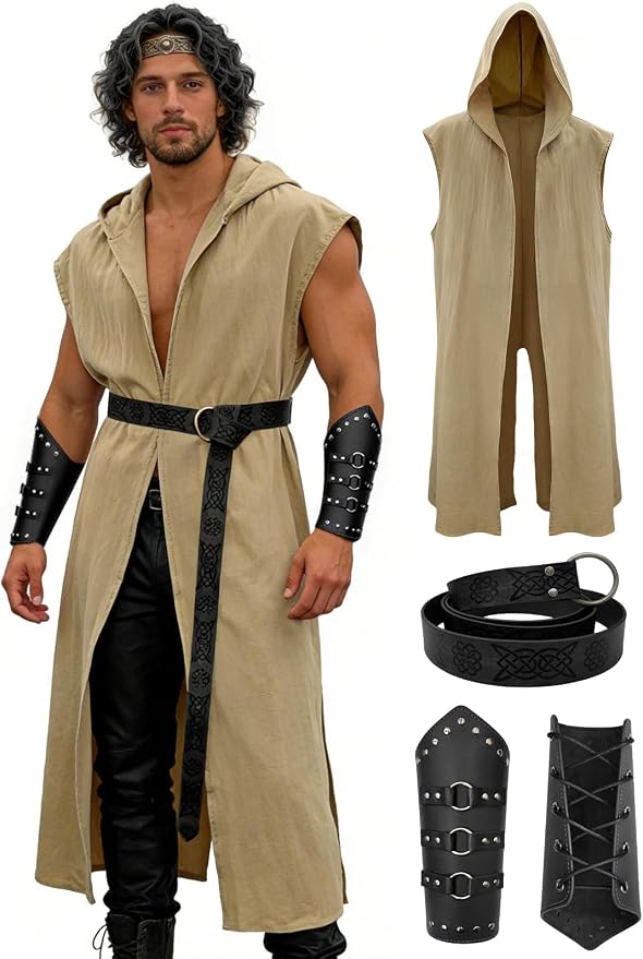 Men's Renaissance Costume Set - Hooded Surcoat, Belt & Bracers