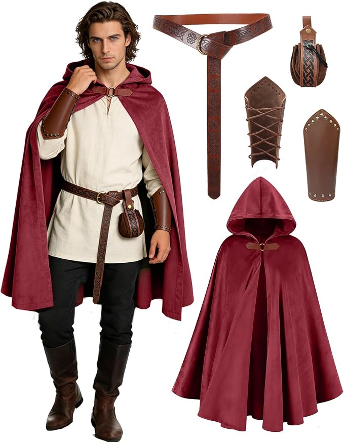 Red Renaissance hooded cloak costume set with belt, pouch and bracers