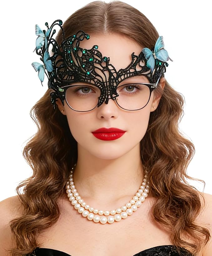 Black Green lace butterfly masquerade mask worn, teal butterflies