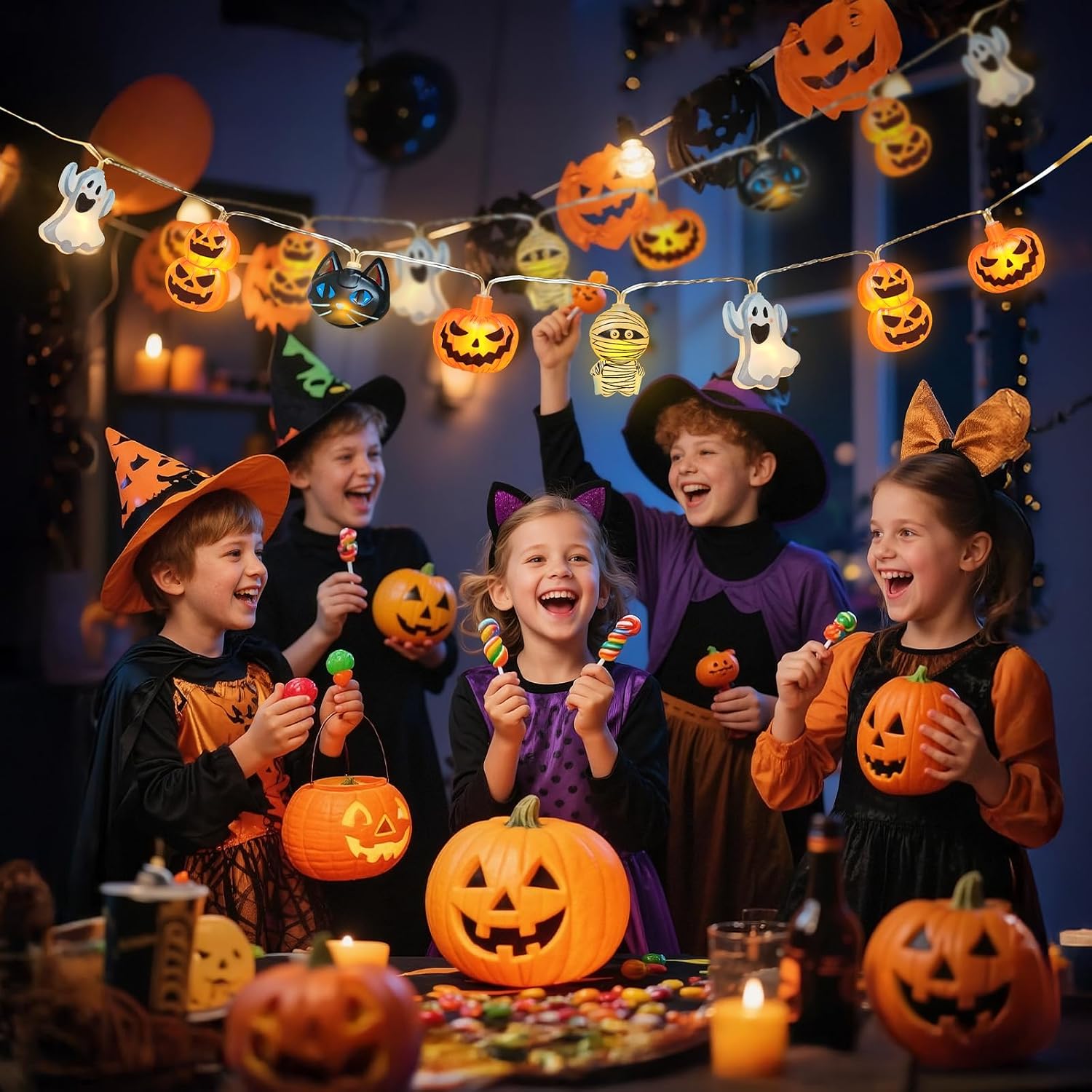 Orange Halloween string lights porch display