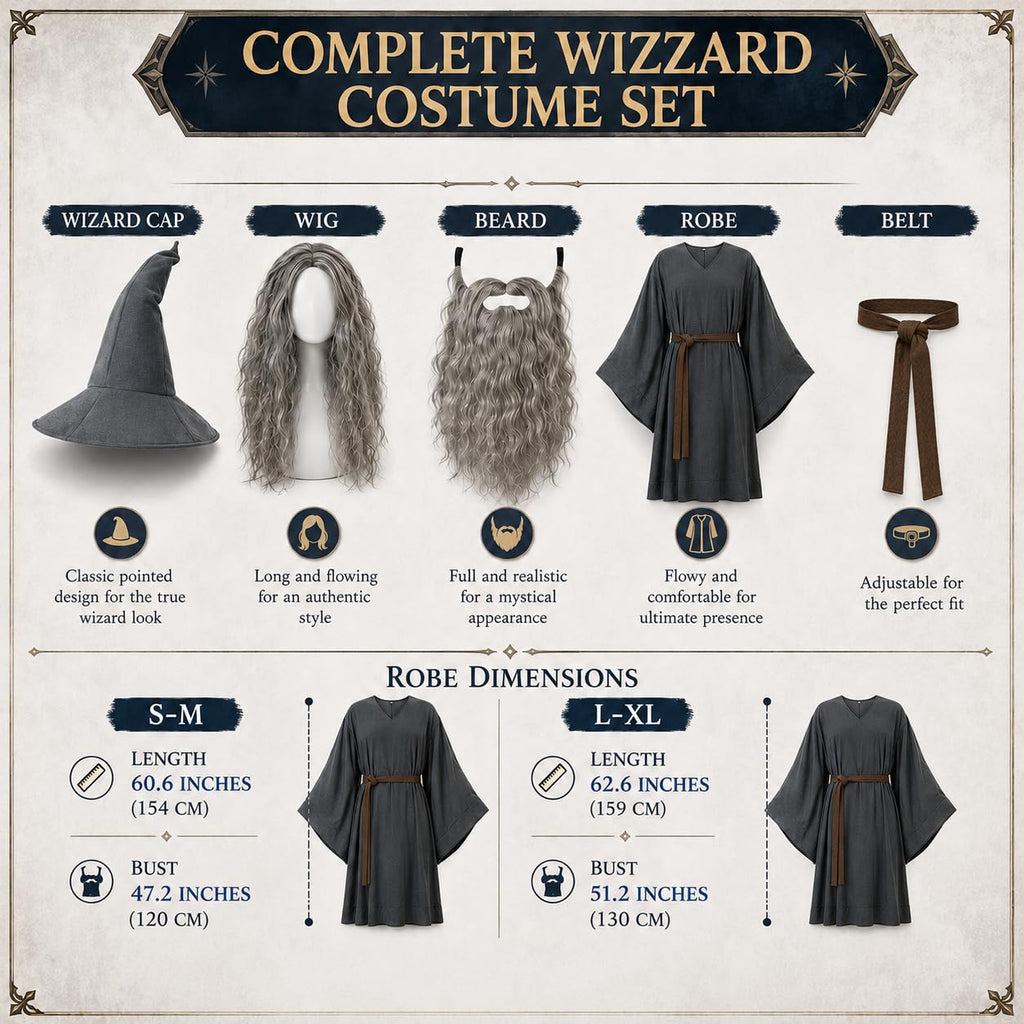 Men's Wizard Costume Set - Robe, Hat, Wig, Beard & Belt