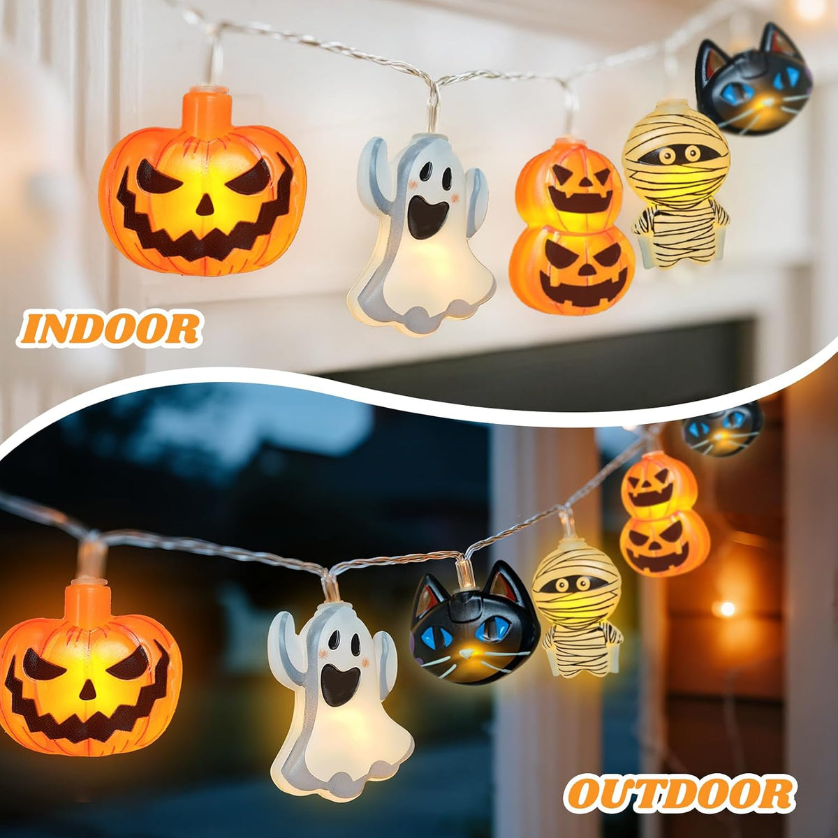 Orange Halloween string lights lit display