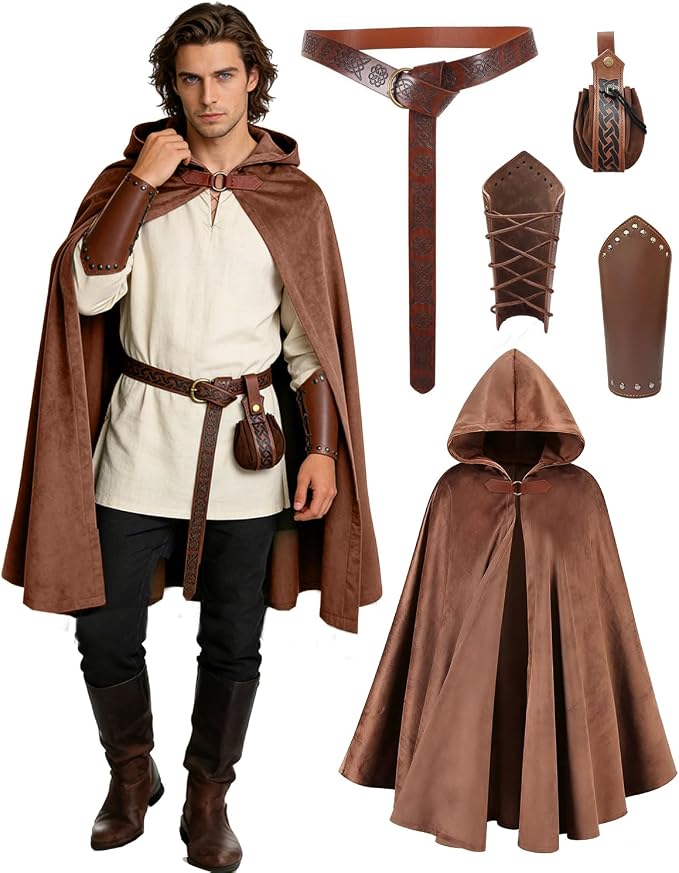 Brown Renaissance hooded cloak costume set with belt, pouch and bracers