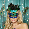 Peacock feather masquerade mask worn by model, close-up glamour shot