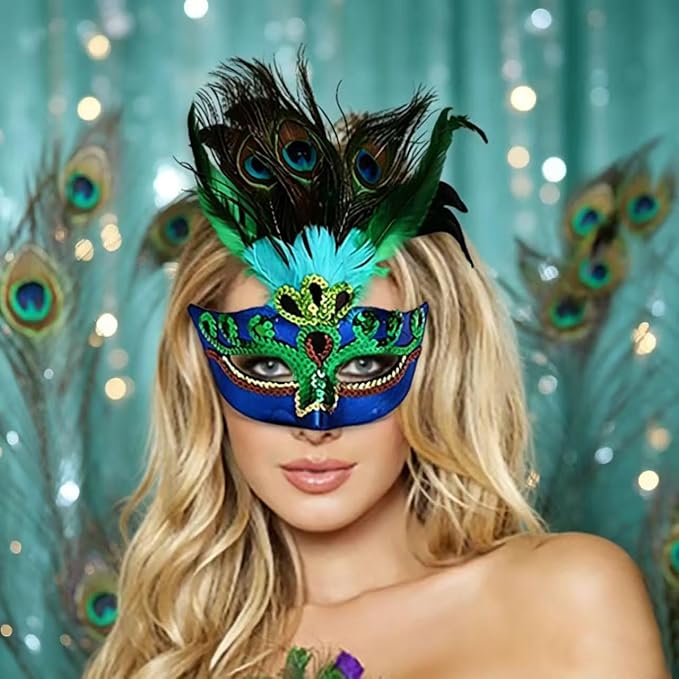 Peacock feather masquerade mask worn by model, close-up glamour shot
